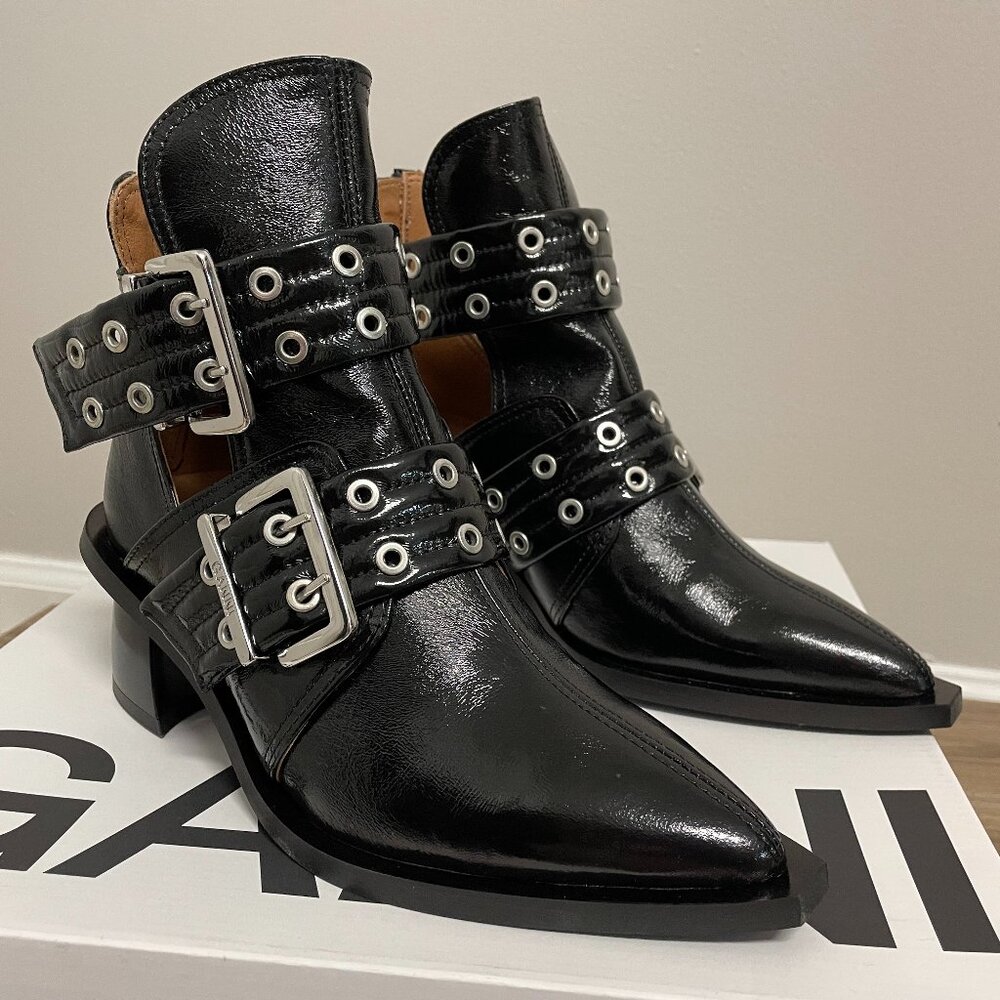 NWT Ganni Black Chunky Buckle Open Cut Boots